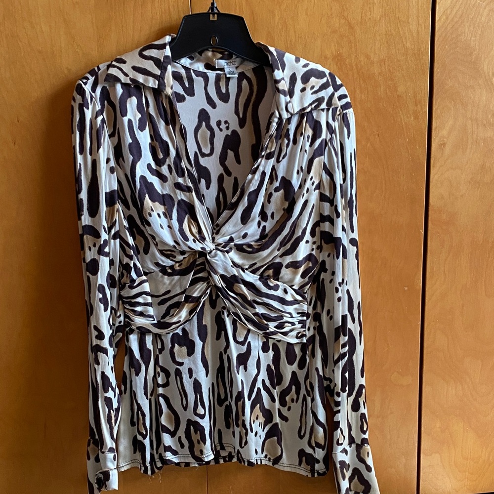 Cache Black & Cream Twist-Front Animal Print Blouse